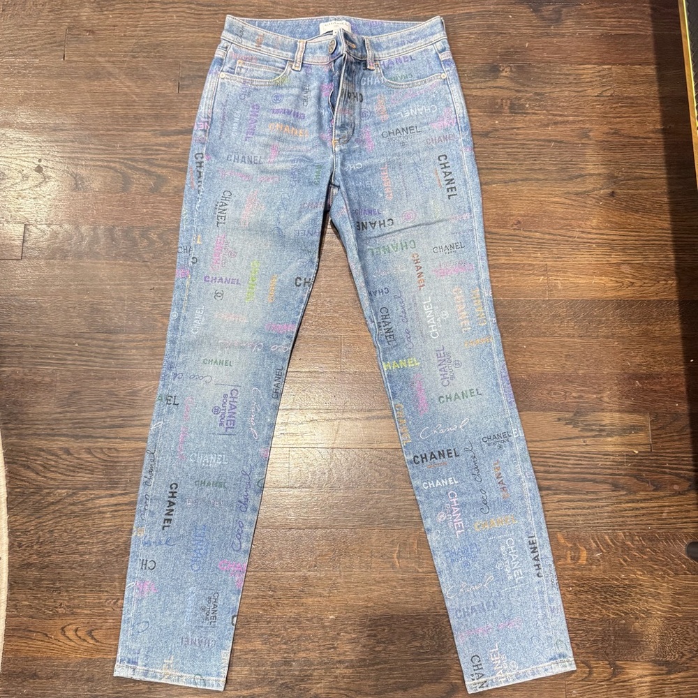 CHANEL Multicolor Logo Straight Leg Jeans